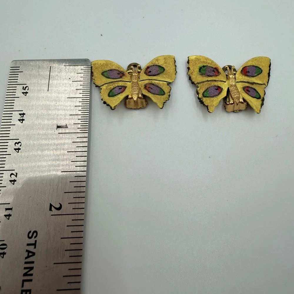 Vtg Butterfly Earrings Sugared Enamel Clip On‎ West Germany Yellow